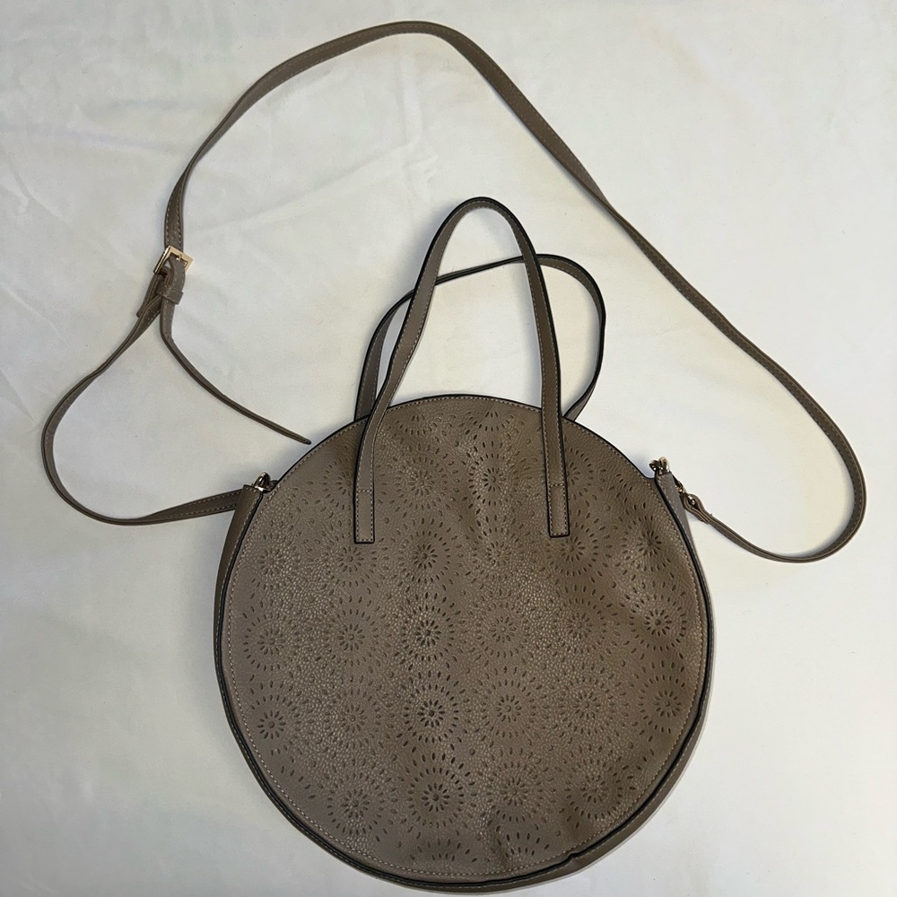 BOHO Vegan Leather LG Taupe Round Circle Bag Purse Flower Cutout Suede Interior